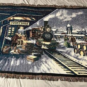 vintage tapestry throw blanket w/fringe depicting the Ivorydale train station.